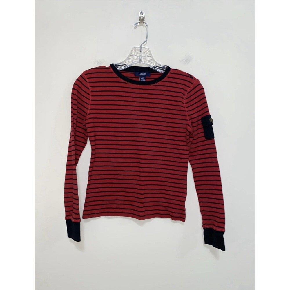 Chaps XS Red Striped Pocket on Sleeve Long Sleeve T Shirt Cotton